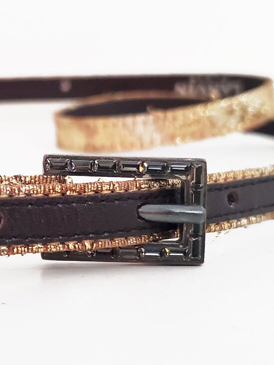 Lanvin Vintage Gold Lame Black Crystal Buckle Skinny Belt Small